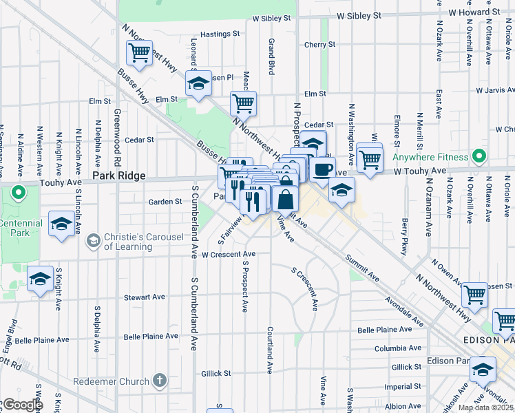 map of restaurants, bars, coffee shops, grocery stores, and more near 31 South Fairview Avenue in Park Ridge