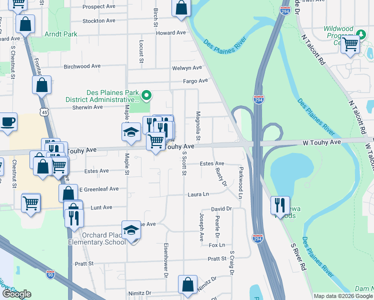 map of restaurants, bars, coffee shops, grocery stores, and more near 2000 Estes Avenue in Des Plaines