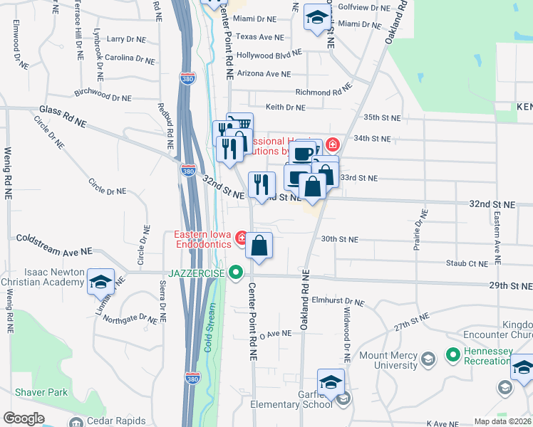 map of restaurants, bars, coffee shops, grocery stores, and more near 2956 Center Point Road Northeast in Cedar Rapids