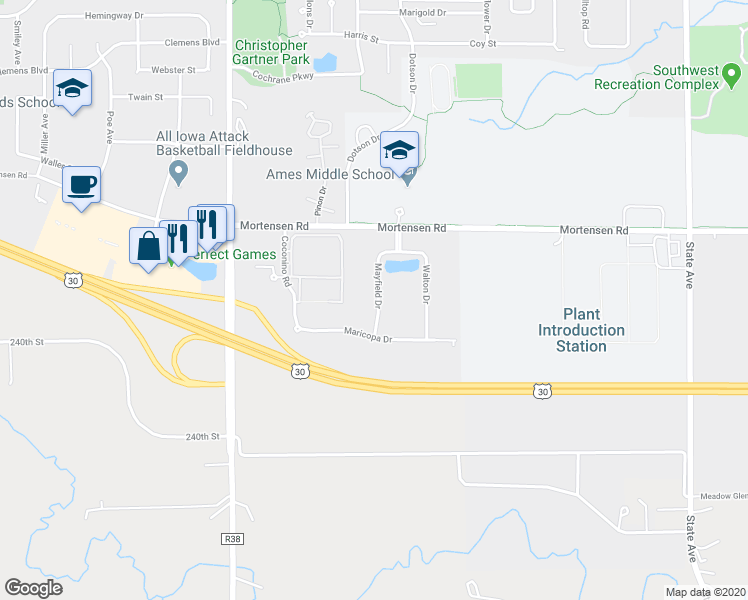 map of restaurants, bars, coffee shops, grocery stores, and more near 1416 Mayfield Drive in Ames