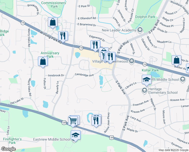 map of restaurants, bars, coffee shops, grocery stores, and more near 103 Locksley Drive in Streamwood