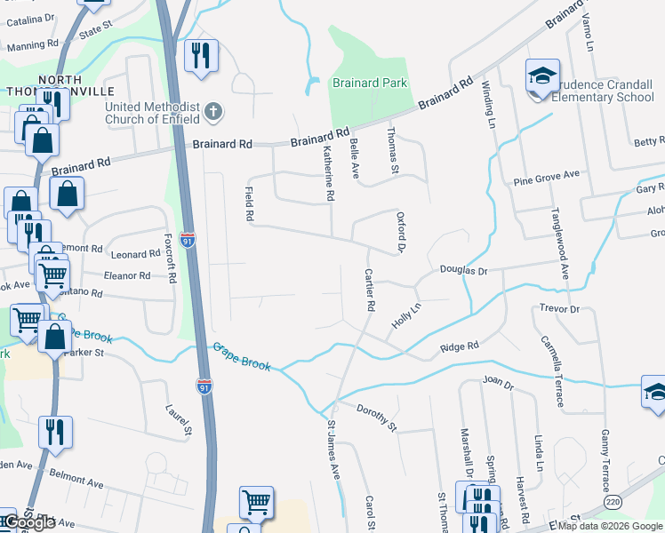 map of restaurants, bars, coffee shops, grocery stores, and more near 71 Ridge Road in Enfield