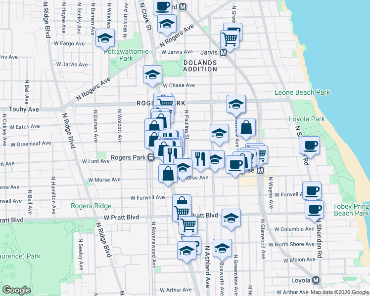 map of restaurants, bars, coffee shops, grocery stores, and more near 1642 West Lunt Avenue in Chicago