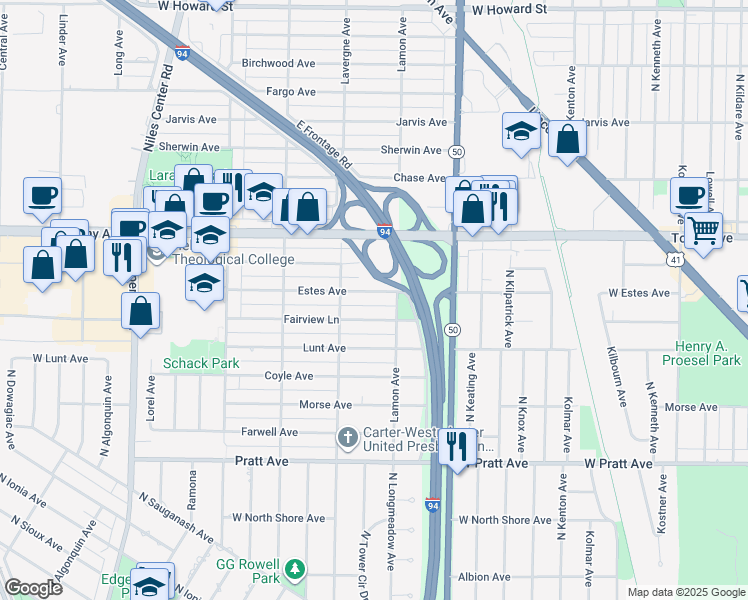 map of restaurants, bars, coffee shops, grocery stores, and more near 4927 Fairview Lane in Skokie