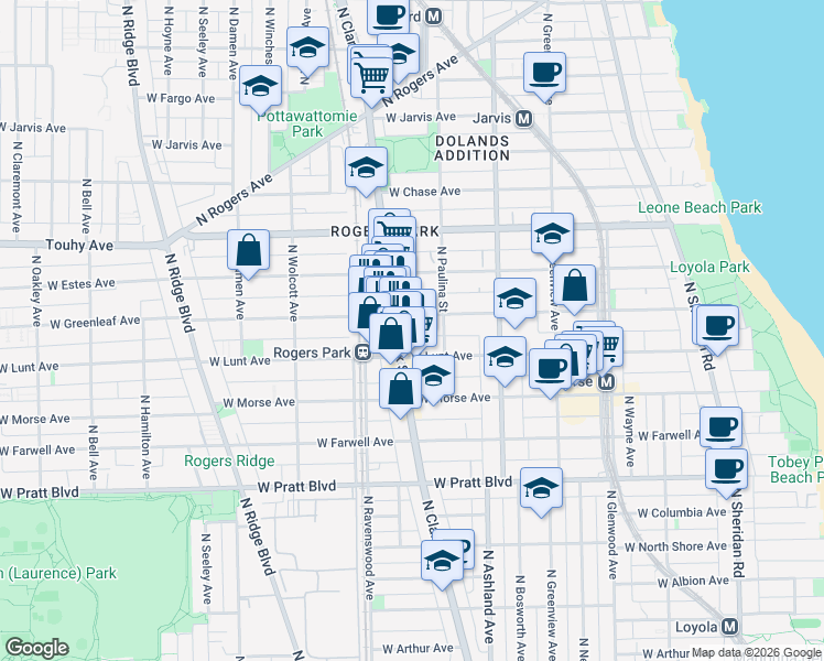 map of restaurants, bars, coffee shops, grocery stores, and more near 1730 West Greenleaf Avenue in Chicago