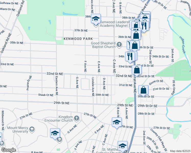 map of restaurants, bars, coffee shops, grocery stores, and more near 603 32nd Street Northeast in Cedar Rapids