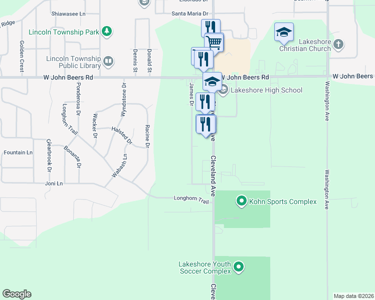 map of restaurants, bars, coffee shops, grocery stores, and more near 5930 James Drive in Stevensville