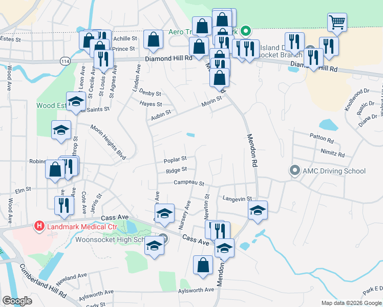 map of restaurants, bars, coffee shops, grocery stores, and more near 49 Hillsdale Street in Woonsocket