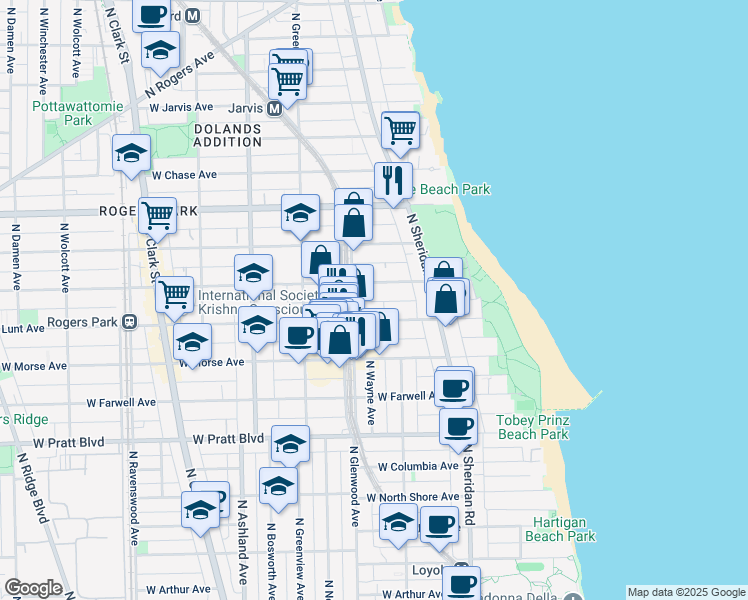 map of restaurants, bars, coffee shops, grocery stores, and more near 1350 West Greenleaf Avenue in Chicago