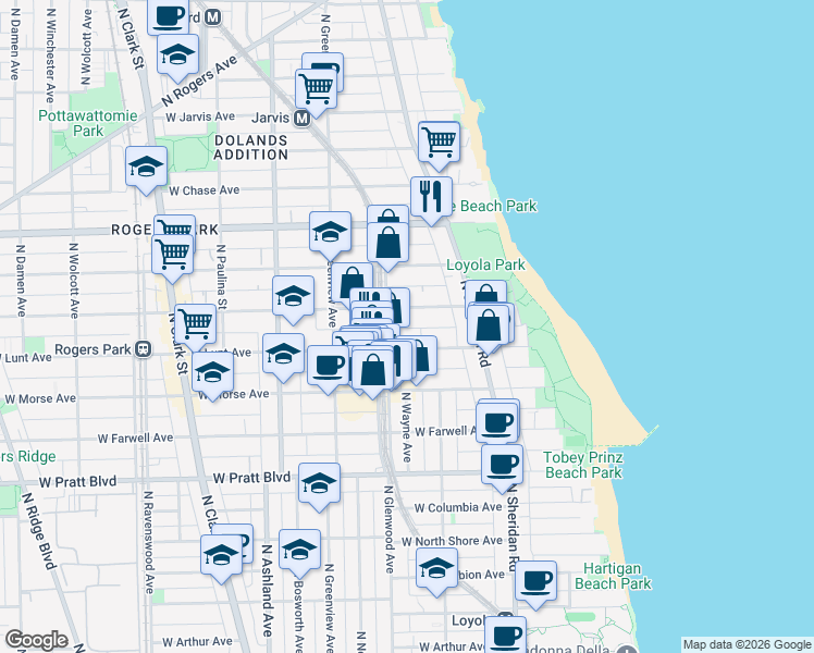 map of restaurants, bars, coffee shops, grocery stores, and more near 1354 West Greenleaf Avenue in Chicago
