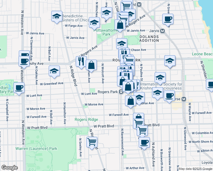 map of restaurants, bars, coffee shops, grocery stores, and more near 1852 West Greenleaf Avenue in Chicago
