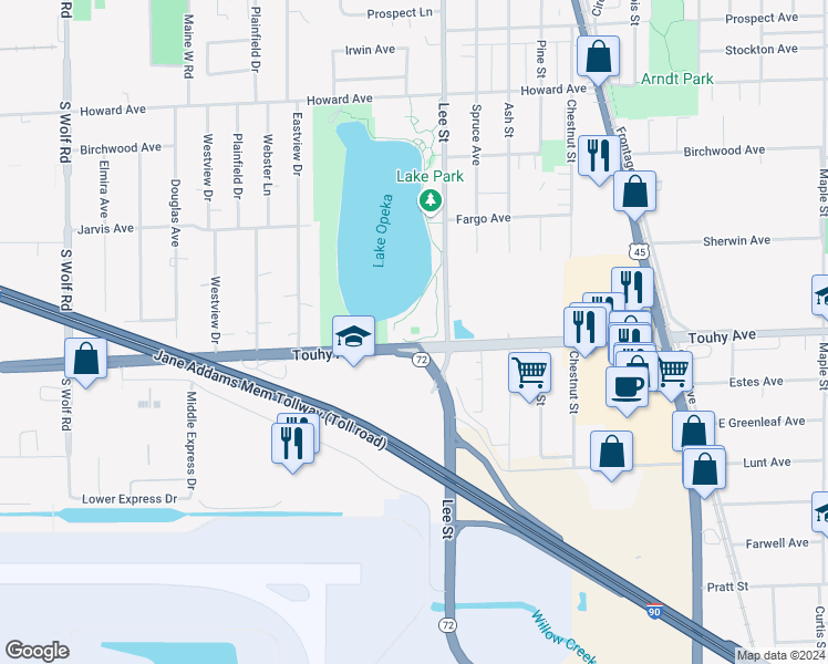 map of restaurants, bars, coffee shops, grocery stores, and more near 2268-2398 Lee St in Des Plaines