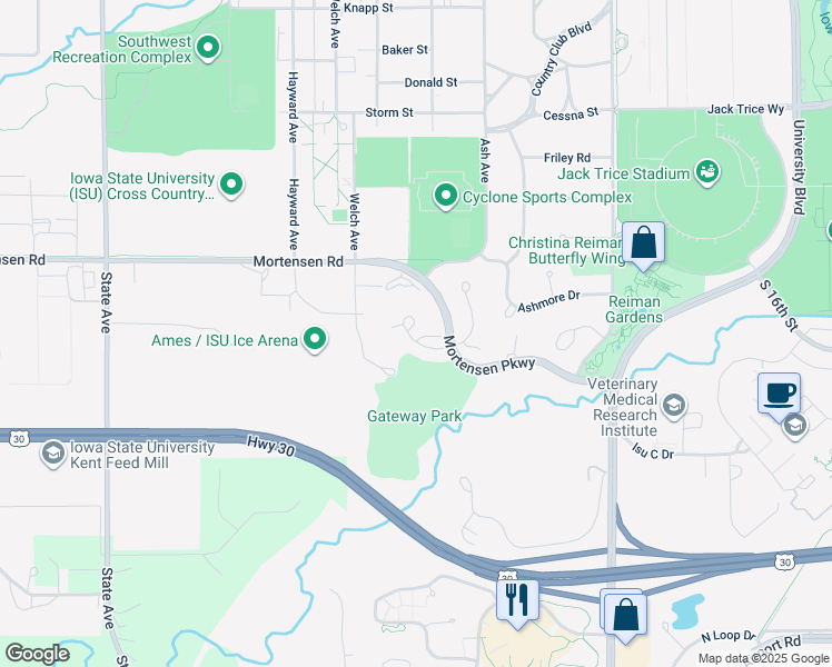 map of restaurants, bars, coffee shops, grocery stores, and more near 1517 Little Bluestem Court in Ames