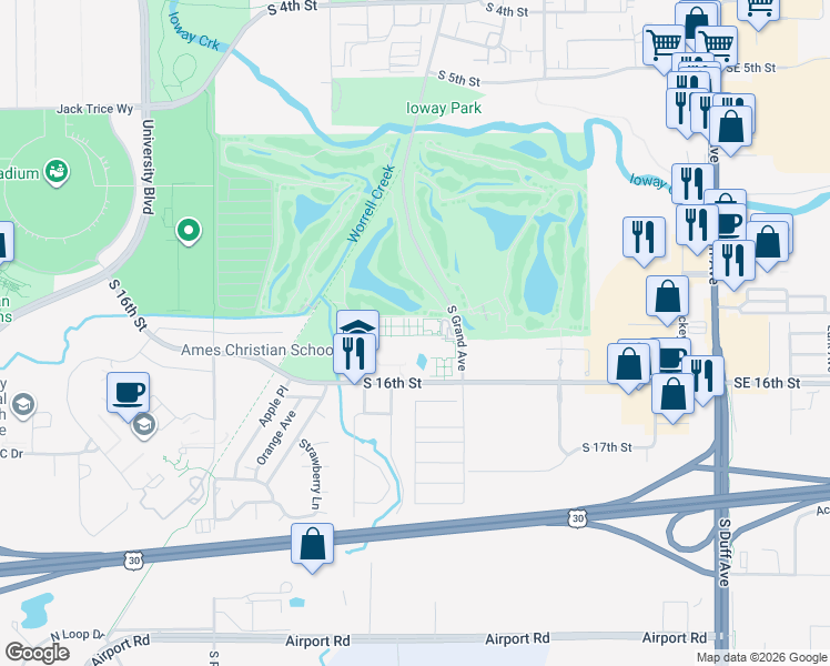 map of restaurants, bars, coffee shops, grocery stores, and more near 1415 South Grand Avenue in Ames
