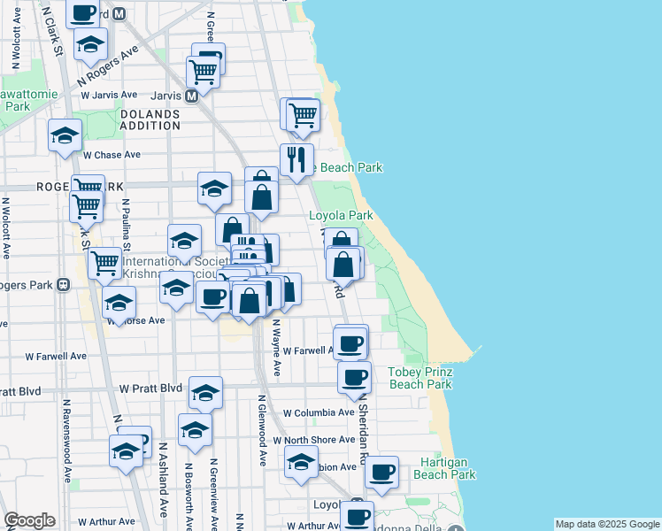 map of restaurants, bars, coffee shops, grocery stores, and more near 7016 North Sheridan Road in Chicago