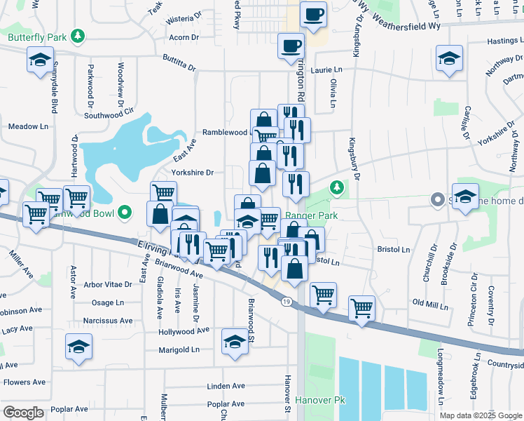 map of restaurants, bars, coffee shops, grocery stores, and more near 720 South Barrington Road in Streamwood