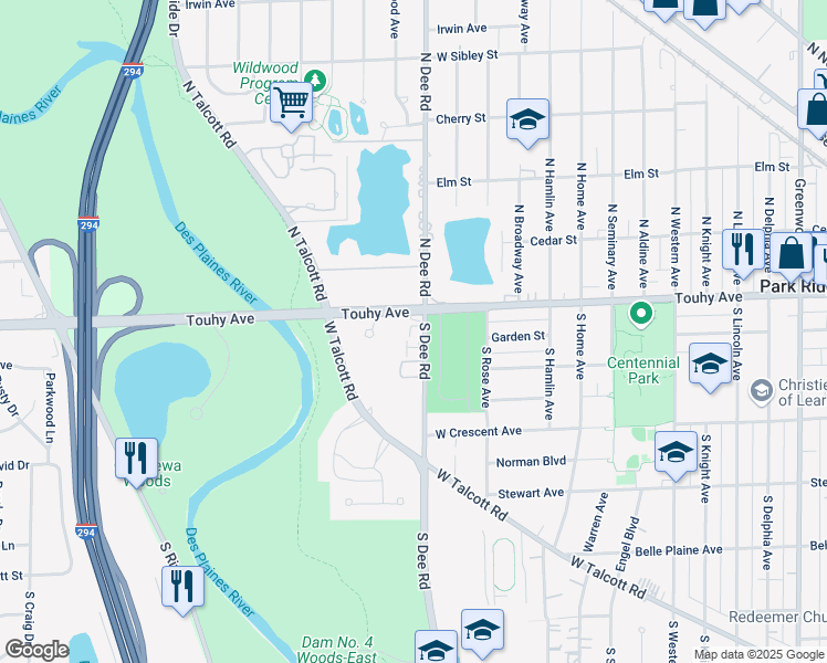 map of restaurants, bars, coffee shops, grocery stores, and more near in Park Ridge