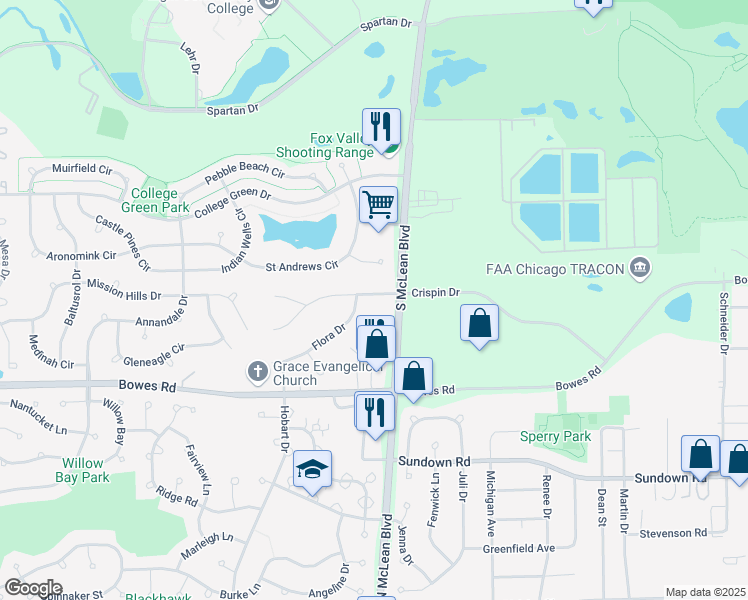 map of restaurants, bars, coffee shops, grocery stores, and more near 35W715 Crispin Drive in Elgin