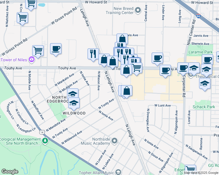 map of restaurants, bars, coffee shops, grocery stores, and more near 7054 North Lehigh Avenue in Chicago