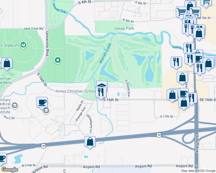 map of restaurants, bars, coffee shops, grocery stores, and more near 1423 South Grand Avenue in Ames