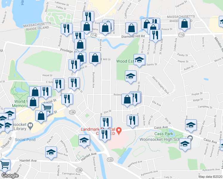 map of restaurants, bars, coffee shops, grocery stores, and more near 325 Dulude Avenue in Woonsocket