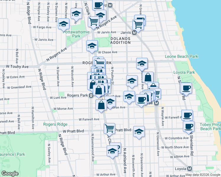 map of restaurants, bars, coffee shops, grocery stores, and more near 1703 West Greenleaf Avenue in Chicago