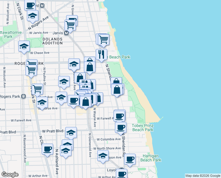 map of restaurants, bars, coffee shops, grocery stores, and more near 7022 North Sheridan Road in Chicago