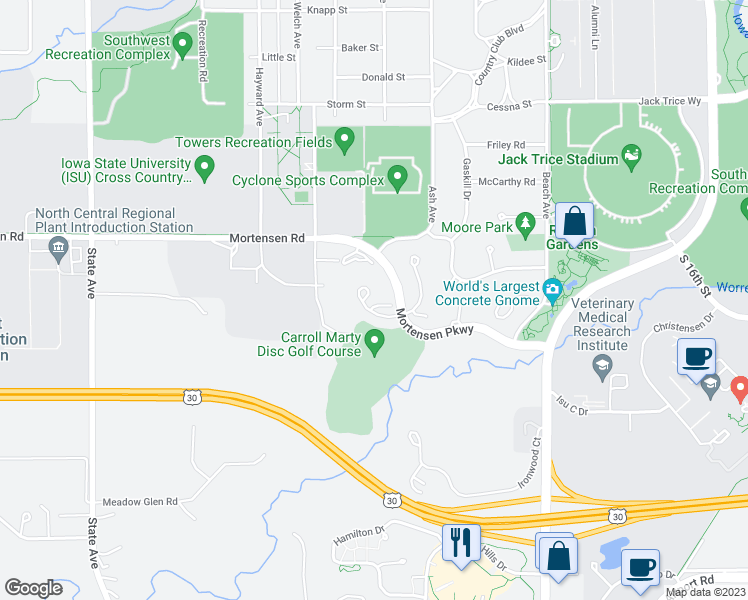 map of restaurants, bars, coffee shops, grocery stores, and more near 1517 Little Bluestem Court in Ames