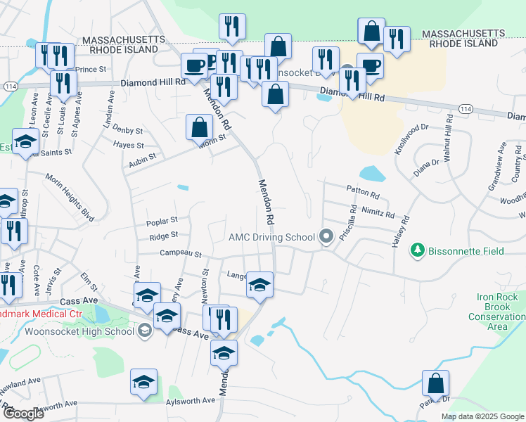 map of restaurants, bars, coffee shops, grocery stores, and more near 615 Mendon Road in Woonsocket
