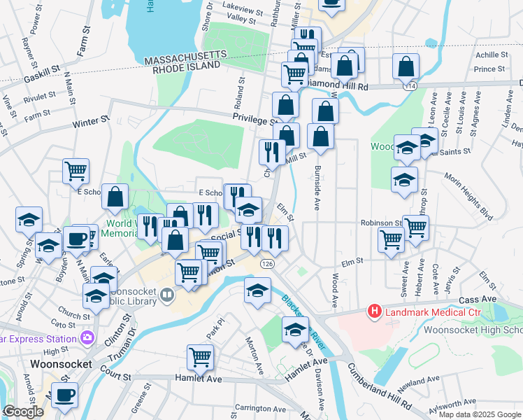 map of restaurants, bars, coffee shops, grocery stores, and more near 626 East School Street in Woonsocket