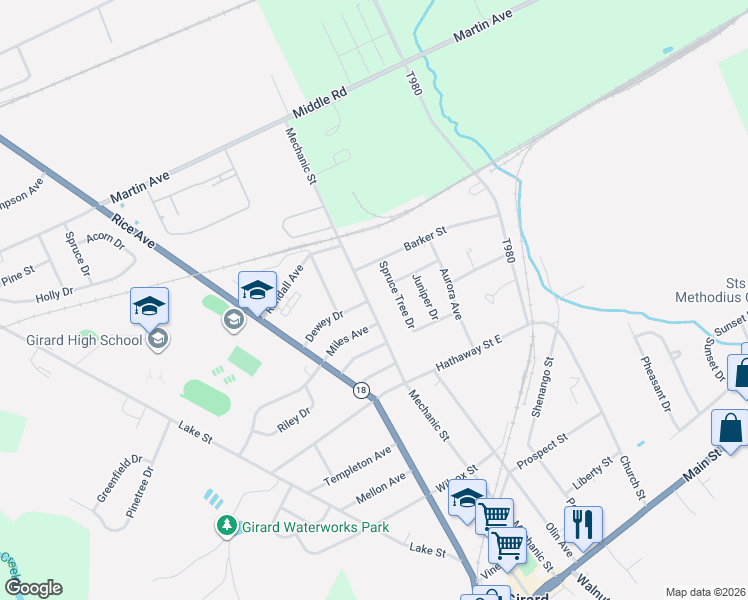 map of restaurants, bars, coffee shops, grocery stores, and more near 929 Mechanic Street in Girard
