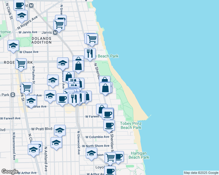 map of restaurants, bars, coffee shops, grocery stores, and more near 1230 West Greenleaf Avenue in Chicago