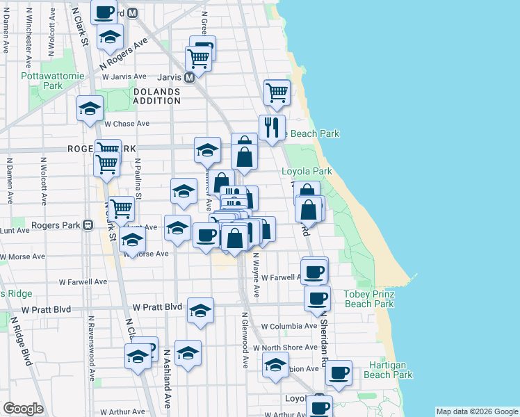 map of restaurants, bars, coffee shops, grocery stores, and more near 1354 West Greenleaf Avenue in Chicago