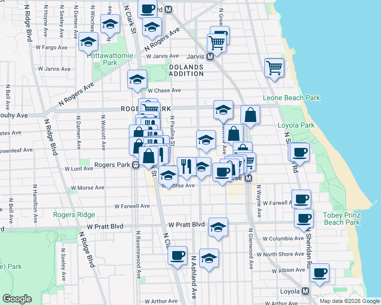map of restaurants, bars, coffee shops, grocery stores, and more near 1600 West Greenleaf Avenue in Chicago