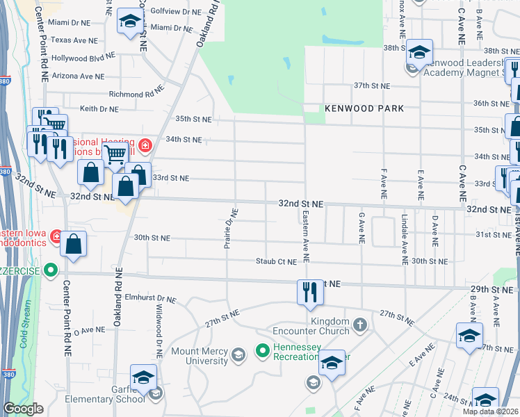 map of restaurants, bars, coffee shops, grocery stores, and more near 1122 32nd Street Northeast in Cedar Rapids