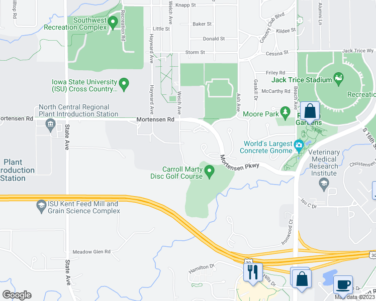map of restaurants, bars, coffee shops, grocery stores, and more near 1534 Little Bluestem Court in Ames