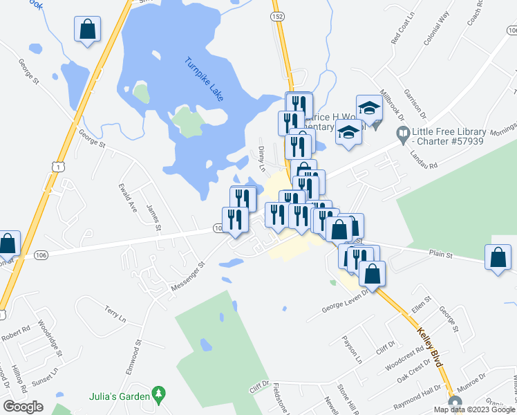 map of restaurants, bars, coffee shops, grocery stores, and more near 53 Messenger Street in Plainville