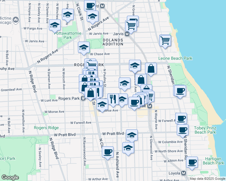 map of restaurants, bars, coffee shops, grocery stores, and more near 1600 West Greenleaf Avenue in Chicago