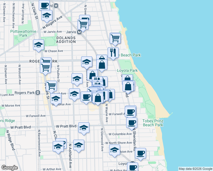 map of restaurants, bars, coffee shops, grocery stores, and more near 1350 West Greenleaf Avenue in Chicago