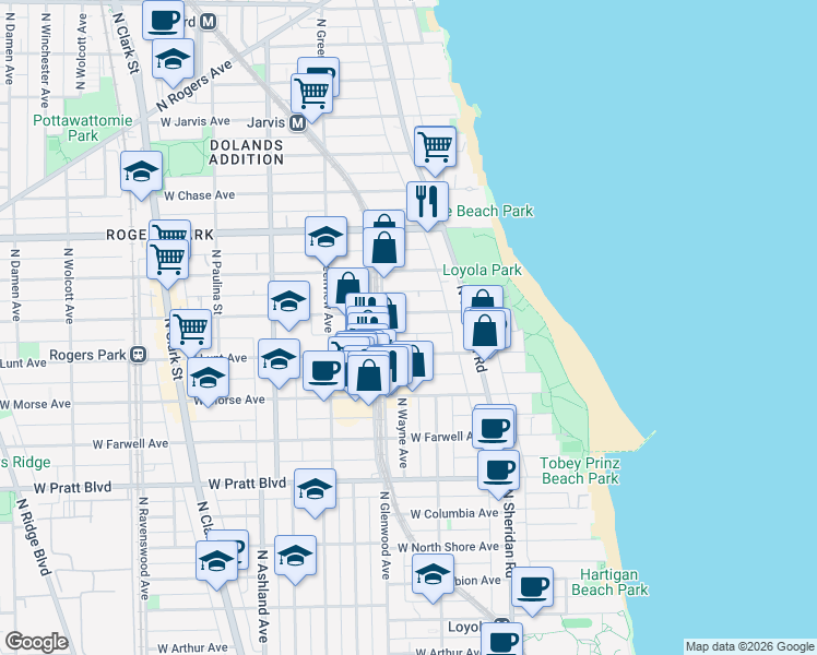 map of restaurants, bars, coffee shops, grocery stores, and more near 1350 West Greenleaf Avenue in Chicago