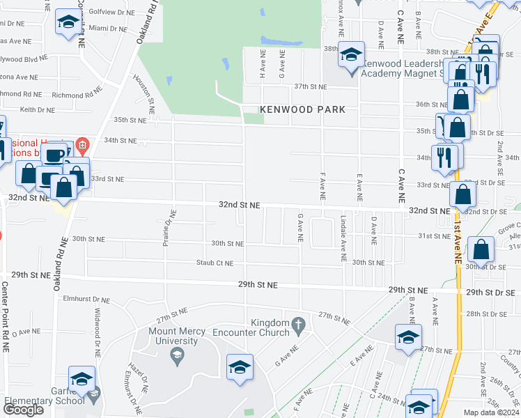 map of restaurants, bars, coffee shops, grocery stores, and more near 3119 Leonard Terrace Northeast in Cedar Rapids