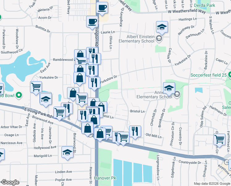 map of restaurants, bars, coffee shops, grocery stores, and more near 7766 Kingsbury Drive in Hanover Park