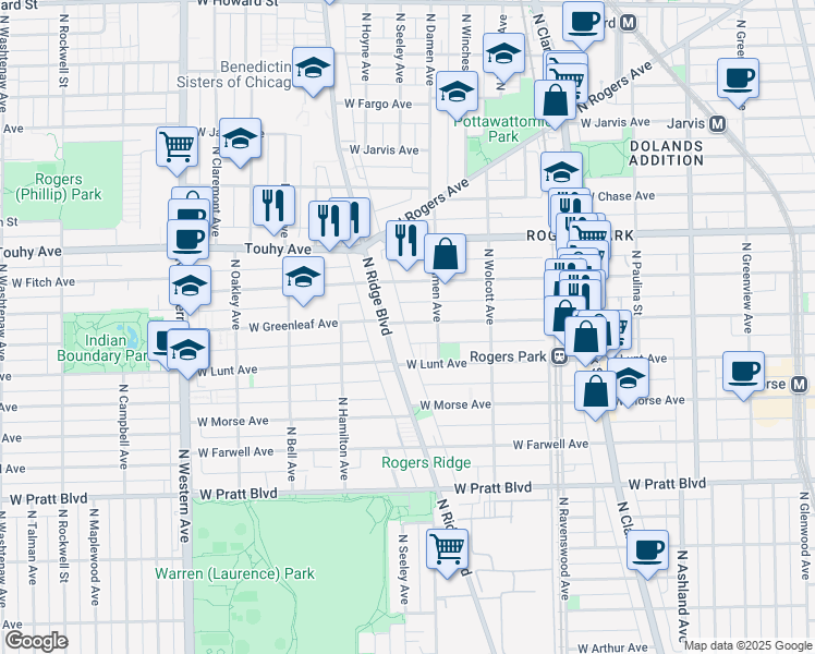 map of restaurants, bars, coffee shops, grocery stores, and more near 2031 West Greenleaf Avenue in Chicago