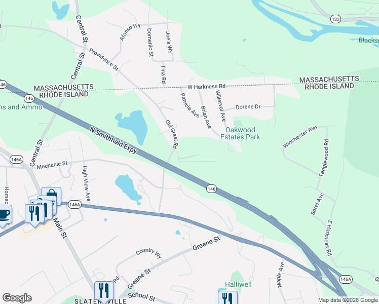 map of restaurants, bars, coffee shops, grocery stores, and more near 2 Mountain Rd in North Smithfield