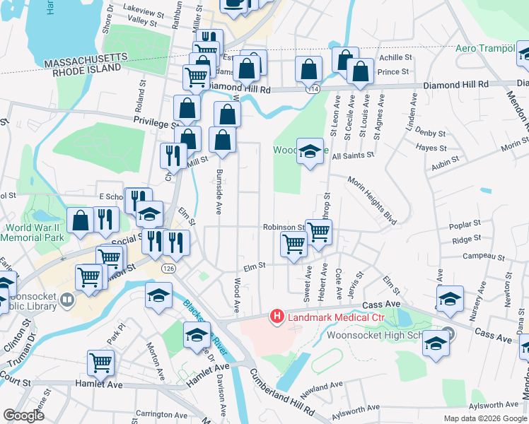 map of restaurants, bars, coffee shops, grocery stores, and more near 210 Progresso Avenue in Woonsocket
