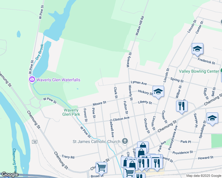 map of restaurants, bars, coffee shops, grocery stores, and more near 12 Lyman Avenue in Waverly