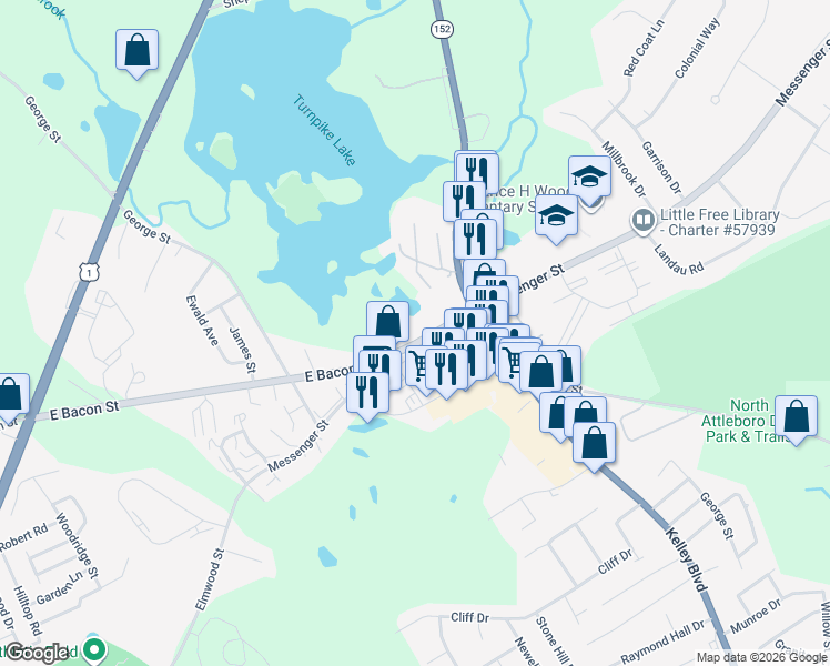 map of restaurants, bars, coffee shops, grocery stores, and more near 53 Messenger Street in Plainville