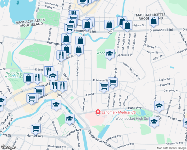 map of restaurants, bars, coffee shops, grocery stores, and more near 210 Progresso Avenue in Woonsocket