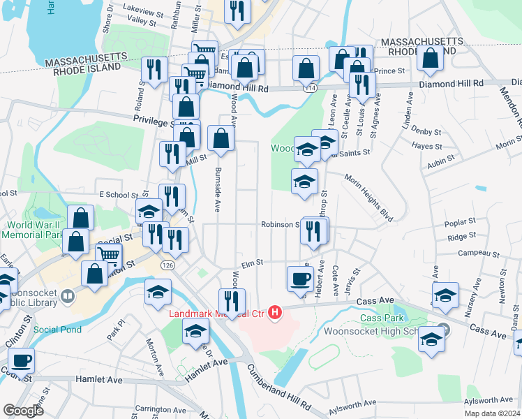 map of restaurants, bars, coffee shops, grocery stores, and more near 210 Progresso Avenue in Woonsocket