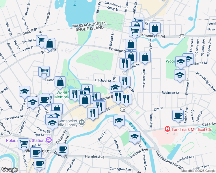 map of restaurants, bars, coffee shops, grocery stores, and more near 501 East School Street in Woonsocket